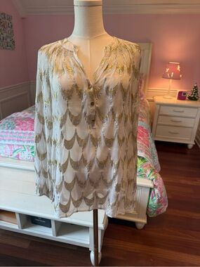 Lilly Pulitzer Sheer White Blouse with Gold Scallop Embellishment